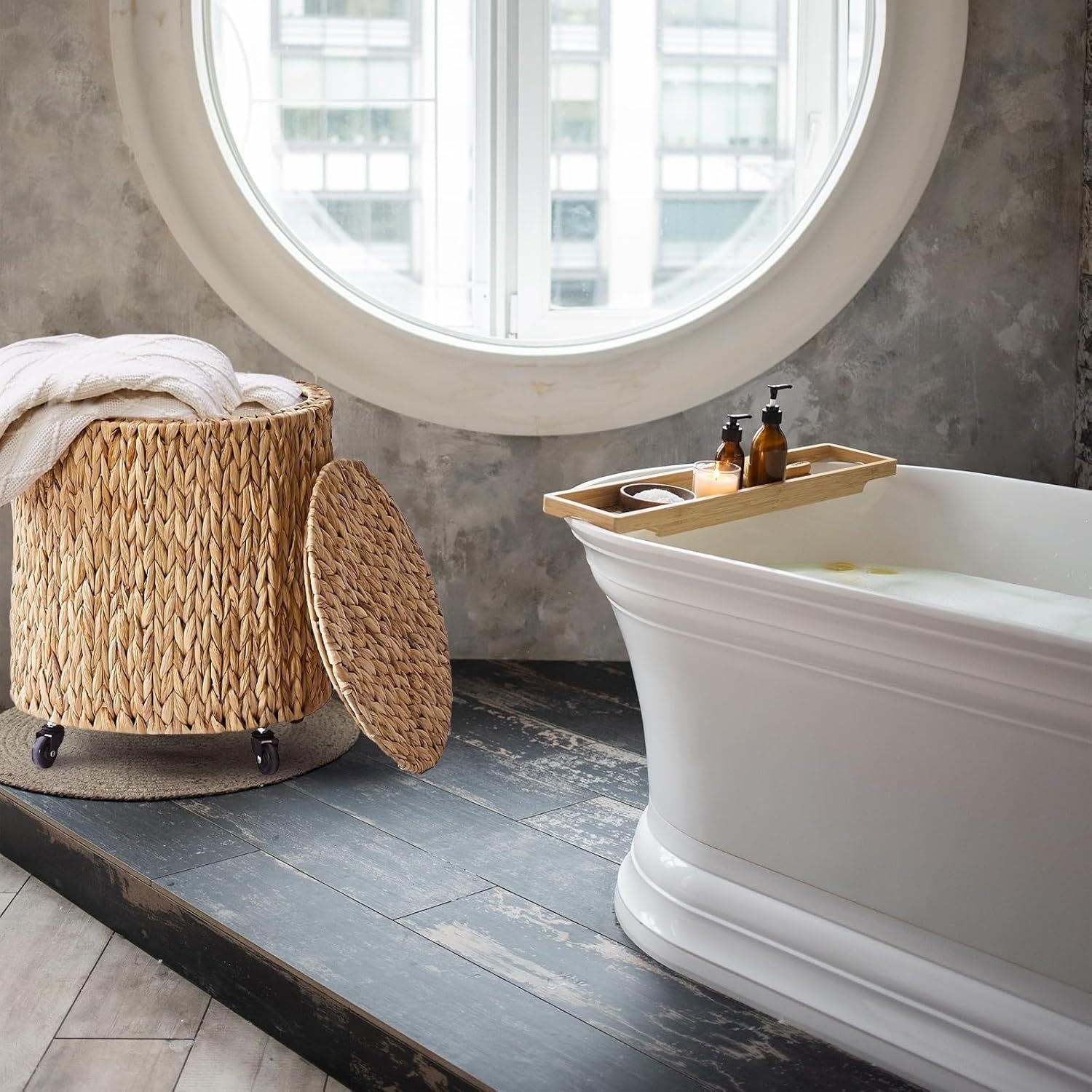 Cplxroc Bohemian Rolling Storage Hamper with Breakable Lid & Braided Round Basket - Multipurpose Laundry Cart, Toy Organizer Tote Suitable for, Room, Living Room, Laundry Hampers