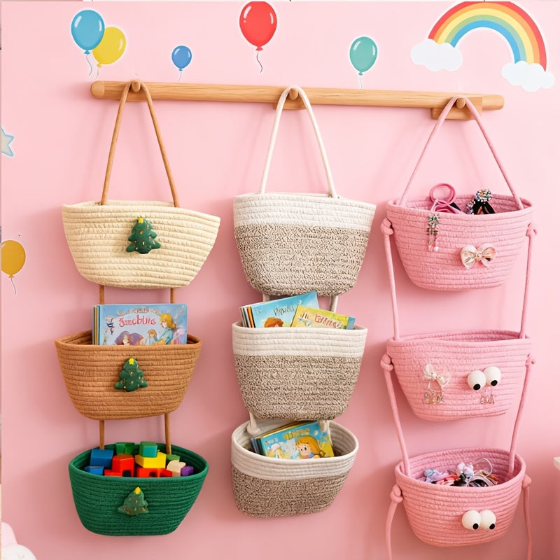 Handcrafted 3-Tier Hanging Storage Basket in Rustic Design, Removable Rope for Christmas And Halloween Decor, Wall-Mounted Organizer Ideal for Kitchen, Living Room, Bathroom, And Entryway with Multiple Compartments, Shelf Baskets