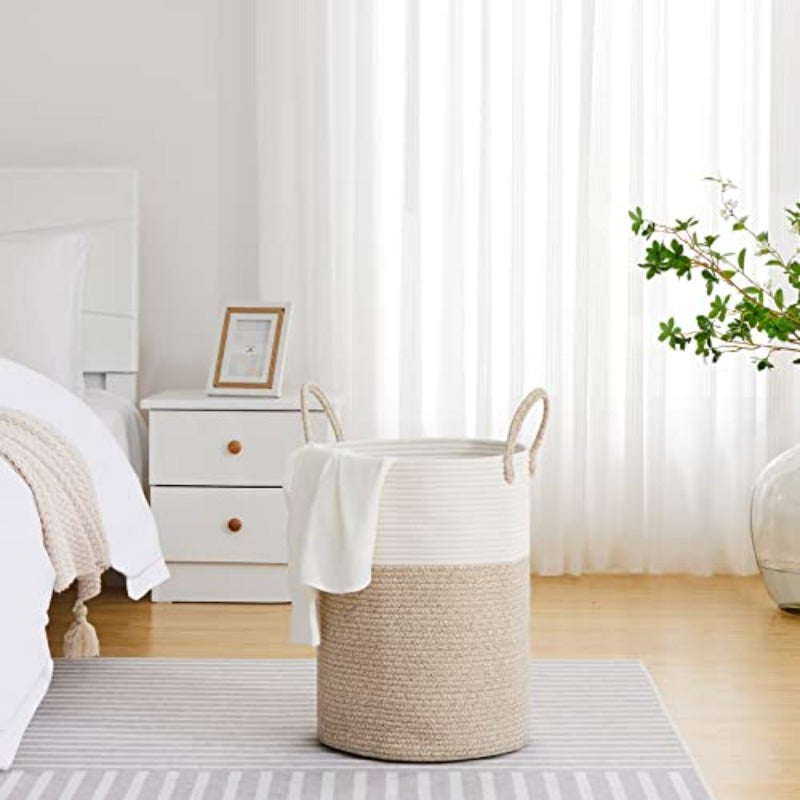 Large Laundry Hamper Tall Rope Storage Basket for Blanket Toys Dirty Clothes in Living Room Bathroom Bedroom - 15.32gal White and Brown, Laundry Baskets
