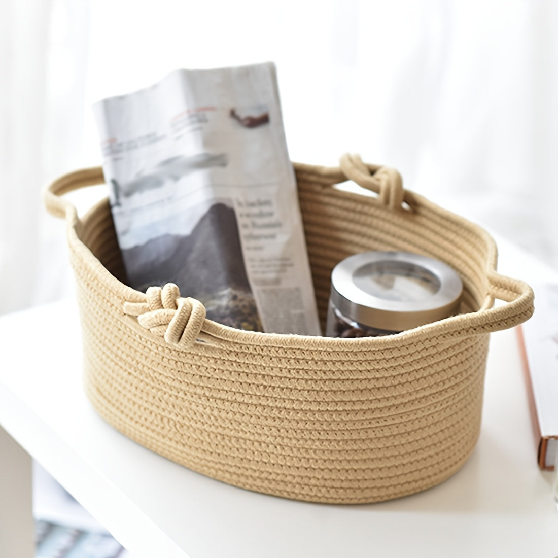 Foldable Woven Storage Basket with Handle - Small Collapsible Organizer Suitable for Towels, Toys, Books, Snacks | Decorative Basket for, Bathroom, Shelf | Space-Saving Basket for Home Decor, Shelf Baskets