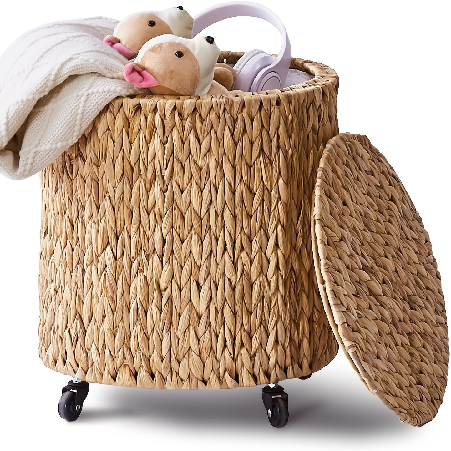 Cplxroc Bohemian Rolling Storage Hamper with Breakable Lid & Braided Round Basket - Multipurpose Laundry Cart, Toy Organizer Tote Suitable for, Room, Living Room, Laundry Hampers