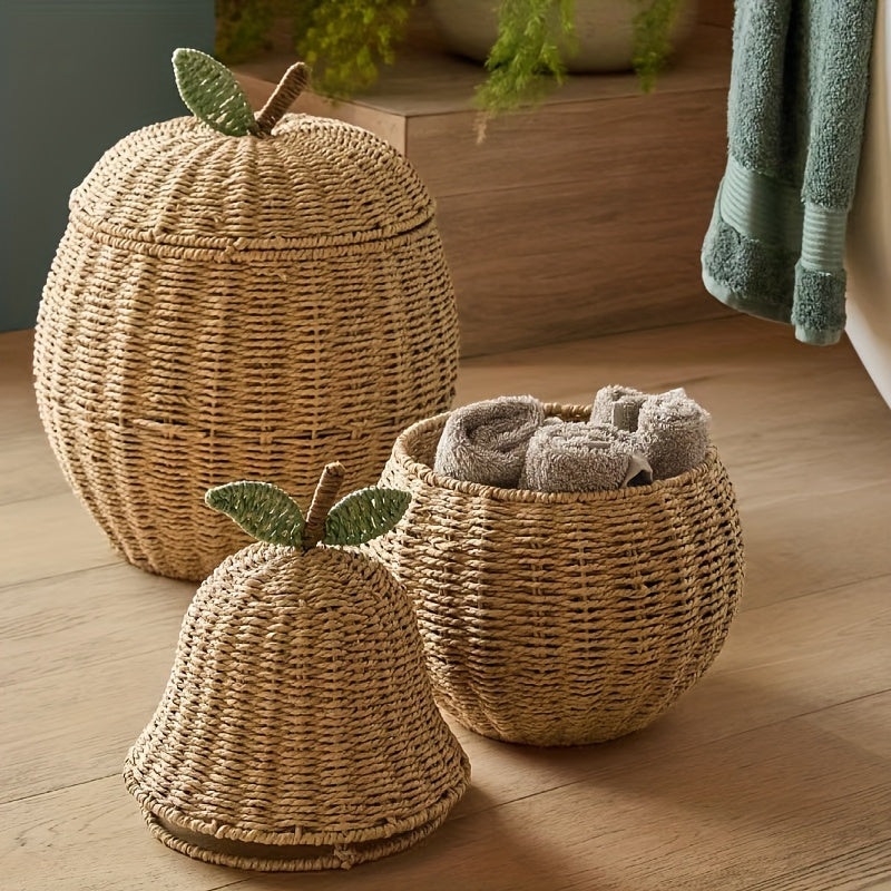 1pc Bohemian-style Paper Rope Storage Basket, Hand-woven Apple and Pear-shaped Storage Basket, Suitable for Halloween Decorations, Christmas Gifts, Desktop, Miscellaneous Items, Home Decoration Organization and Storage, Shelf Baskets