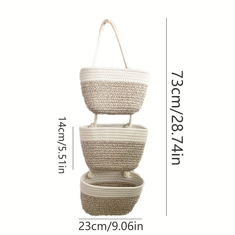 Handcrafted 3-Tier Hanging Storage Basket in Rustic Design, Removable Rope for Christmas And Halloween Decor, Wall-Mounted Organizer Ideal for Kitchen, Living Room, Bathroom, And Entryway with Multiple Compartments, Shelf Baskets