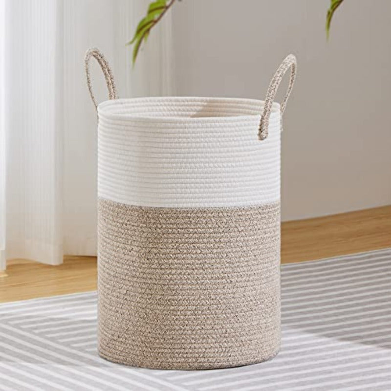 Large Laundry Hamper Tall Rope Storage Basket for Blanket Toys Dirty Clothes in Living Room Bathroom Bedroom - 15.32gal White and Brown, Laundry Baskets