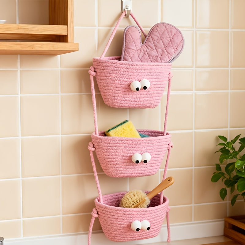 Handcrafted 3-Tier Hanging Storage Basket in Rustic Design, Removable Rope for Christmas And Halloween Decor, Wall-Mounted Organizer Ideal for Kitchen, Living Room, Bathroom, And Entryway with Multiple Compartments, Shelf Baskets
