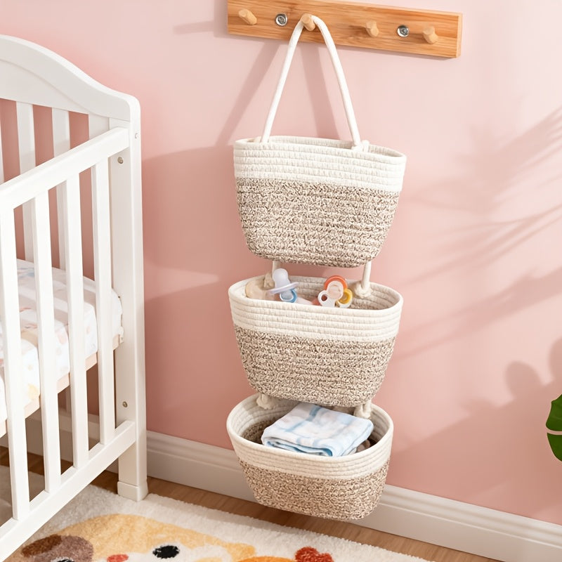 Handcrafted 3-Tier Hanging Storage Basket in Rustic Design, Removable Rope for Christmas And Halloween Decor, Wall-Mounted Organizer Ideal for Kitchen, Living Room, Bathroom, And Entryway with Multiple Compartments, Shelf Baskets