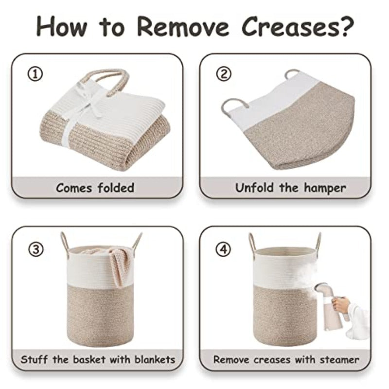 Large Laundry Hamper Tall Rope Storage Basket for Blanket Toys Dirty Clothes in Living Room Bathroom Bedroom - 15.32gal White and Brown, Laundry Baskets