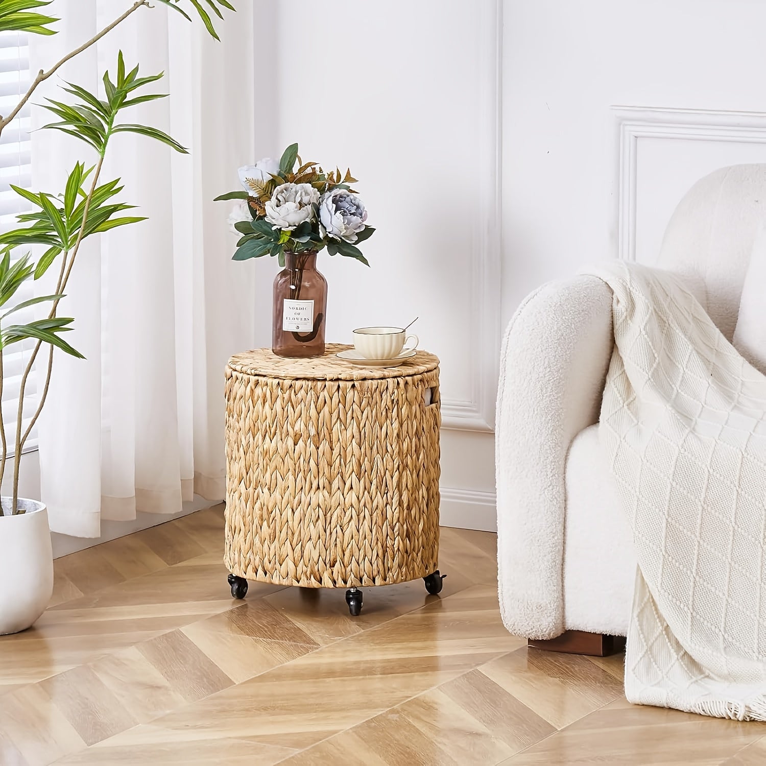 Cplxroc Bohemian Rolling Storage Hamper with Breakable Lid & Braided Round Basket - Multipurpose Laundry Cart, Toy Organizer Tote Suitable for, Room, Living Room, Laundry Hampers