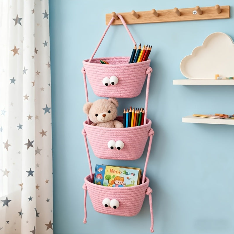 Handcrafted 3-Tier Hanging Storage Basket in Rustic Design, Removable Rope for Christmas And Halloween Decor, Wall-Mounted Organizer Ideal for Kitchen, Living Room, Bathroom, And Entryway with Multiple Compartments, Shelf Baskets