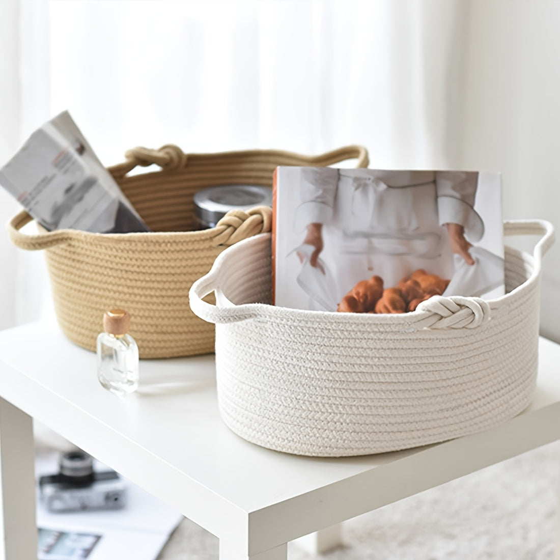 Foldable Woven Storage Basket with Handle - Small Collapsible Organizer Suitable for Towels, Toys, Books, Snacks | Decorative Basket for, Bathroom, Shelf | Space-Saving Basket for Home Decor, Shelf Baskets