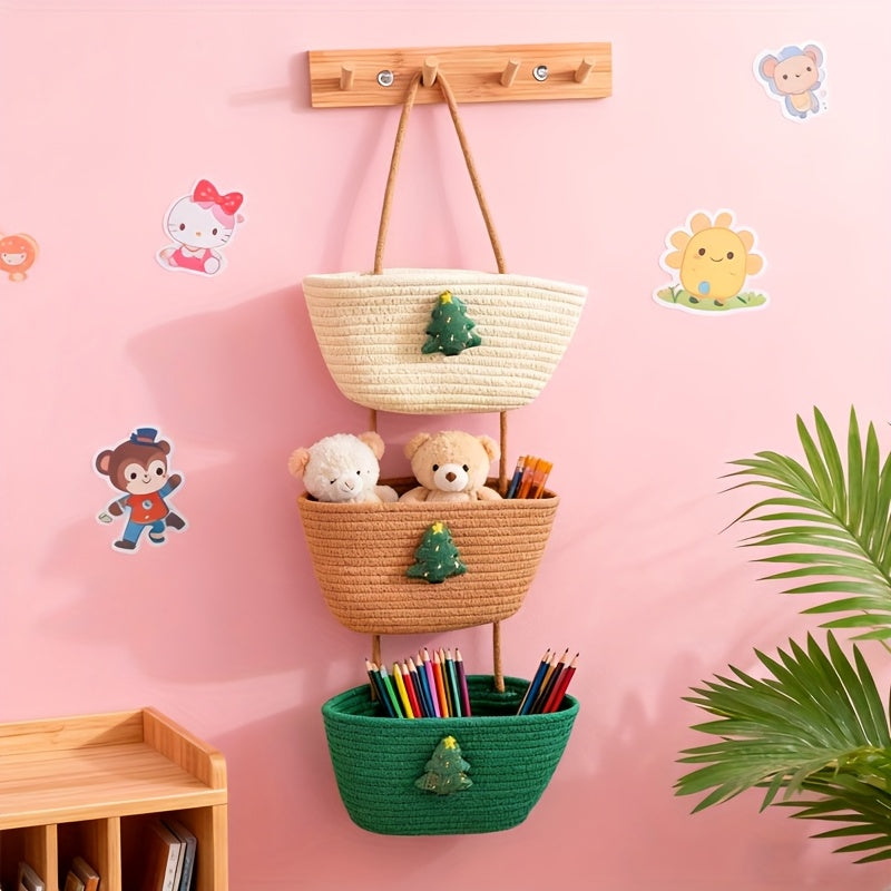 Handcrafted 3-Tier Hanging Storage Basket in Rustic Design, Removable Rope for Christmas And Halloween Decor, Wall-Mounted Organizer Ideal for Kitchen, Living Room, Bathroom, And Entryway with Multiple Compartments, Shelf Baskets