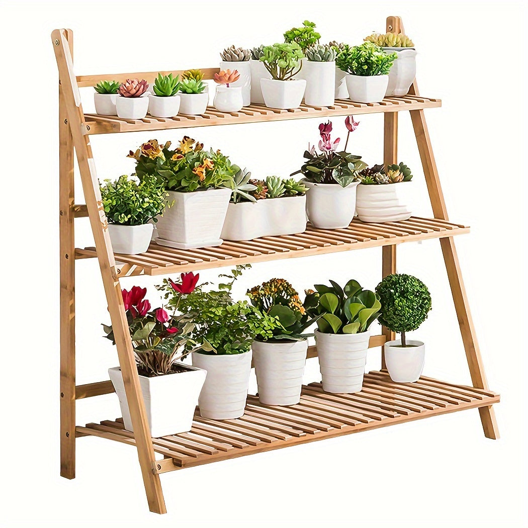 Multi-Functional 39.37inch 3-Level Collapsible Bamboo Shelf for Displaying Flower Pots And Organizing Plants, Suitable for Both Indoor And Outdoor Use