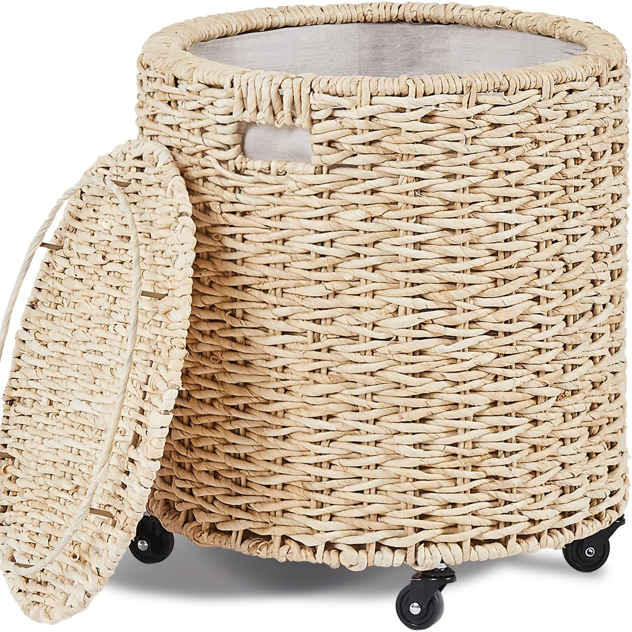 Cplxroc Bohemian Rolling Storage Hamper with Breakable Lid & Braided Round Basket - Multipurpose Laundry Cart, Toy Organizer Tote Suitable for, Room, Living Room, Laundry Hampers