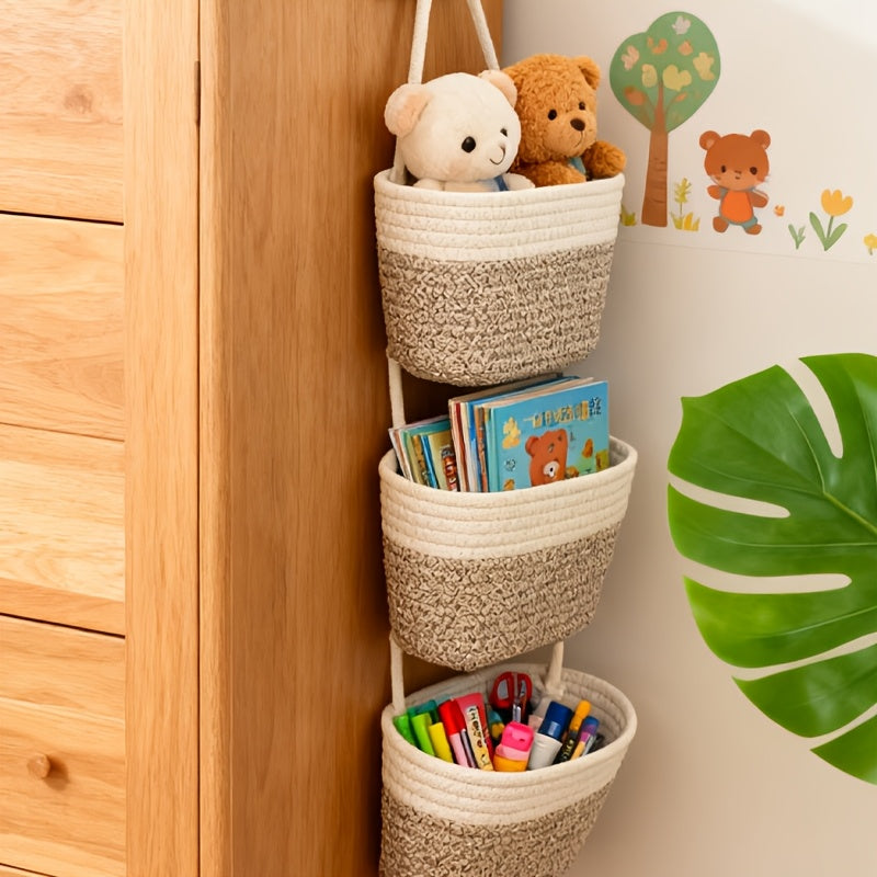 Handcrafted 3-Tier Hanging Storage Basket in Rustic Design, Removable Rope for Christmas And Halloween Decor, Wall-Mounted Organizer Ideal for Kitchen, Living Room, Bathroom, And Entryway with Multiple Compartments, Shelf Baskets