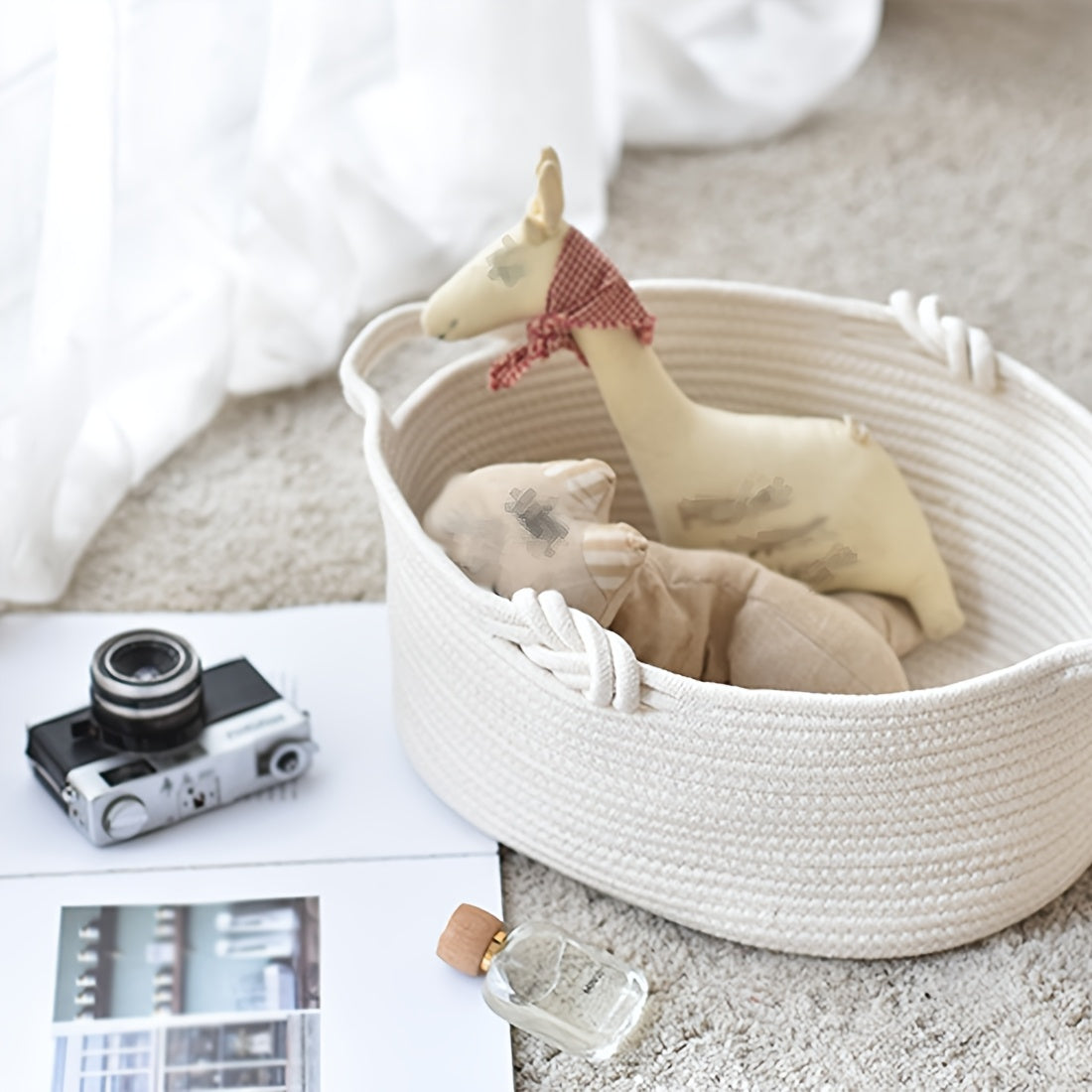 Foldable Woven Storage Basket with Handle - Small Collapsible Organizer Suitable for Towels, Toys, Books, Snacks | Decorative Basket for, Bathroom, Shelf | Space-Saving Basket for Home Decor, Shelf Baskets